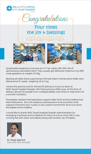 NMC Royal Hospital, Sharjah celebrated the discharge of healthy & happy quadruplet babies with Dr. Pooja Agarwal, Specialist Neonatology & NICU team